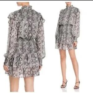 English Factory Dress Black Silver Snake Print Shirred Waist Long Sleeve Size XS